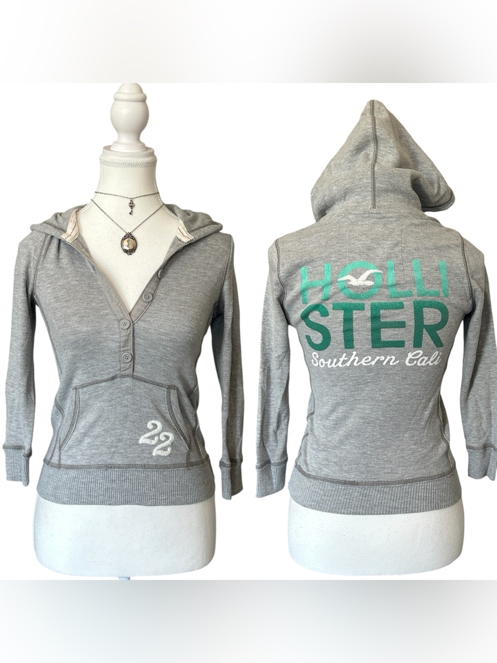 Y2K “Hollister” Grey Button-up Style Fitted Embroidered Graphic Hoodie